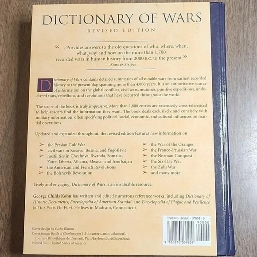 Dictionary of Wars by George‎ C. Kohn, Hardcover, GUC